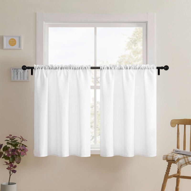 Home Queen White Waffle Bathroom Window Curtains, Water Repellent Rod Pocket Short Kitchen Drapes for Small Window, 2 Panels, 36 W X 36 L Inch Each - Image 1